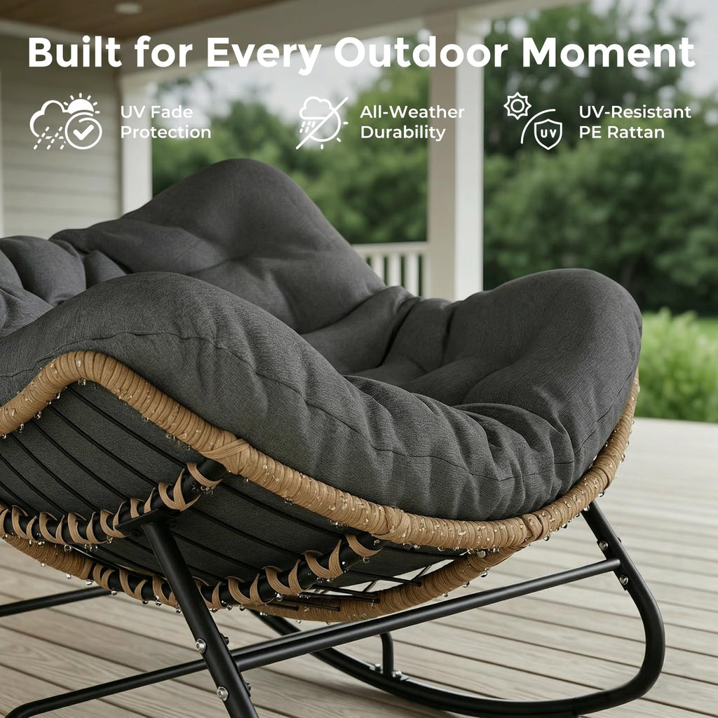 SWITTE Papasan Rocking Chair Outdoor, Oversized Patio Egg Chair with Thick Cushion, Indoor Wicker Lounge Rocker Bed for Balcony, Porch, Garden, Dark Gray