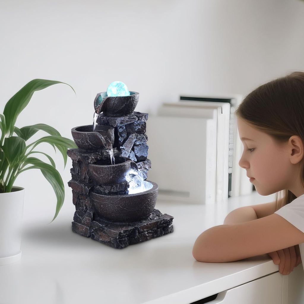 Tabletop Indoor Water Fountain – 3-Tier Rock Waterfall Fountain with Warm LED Light and DIY Planting Pot – Relaxing Small Water Feature for Desk or Home Decor (23061)