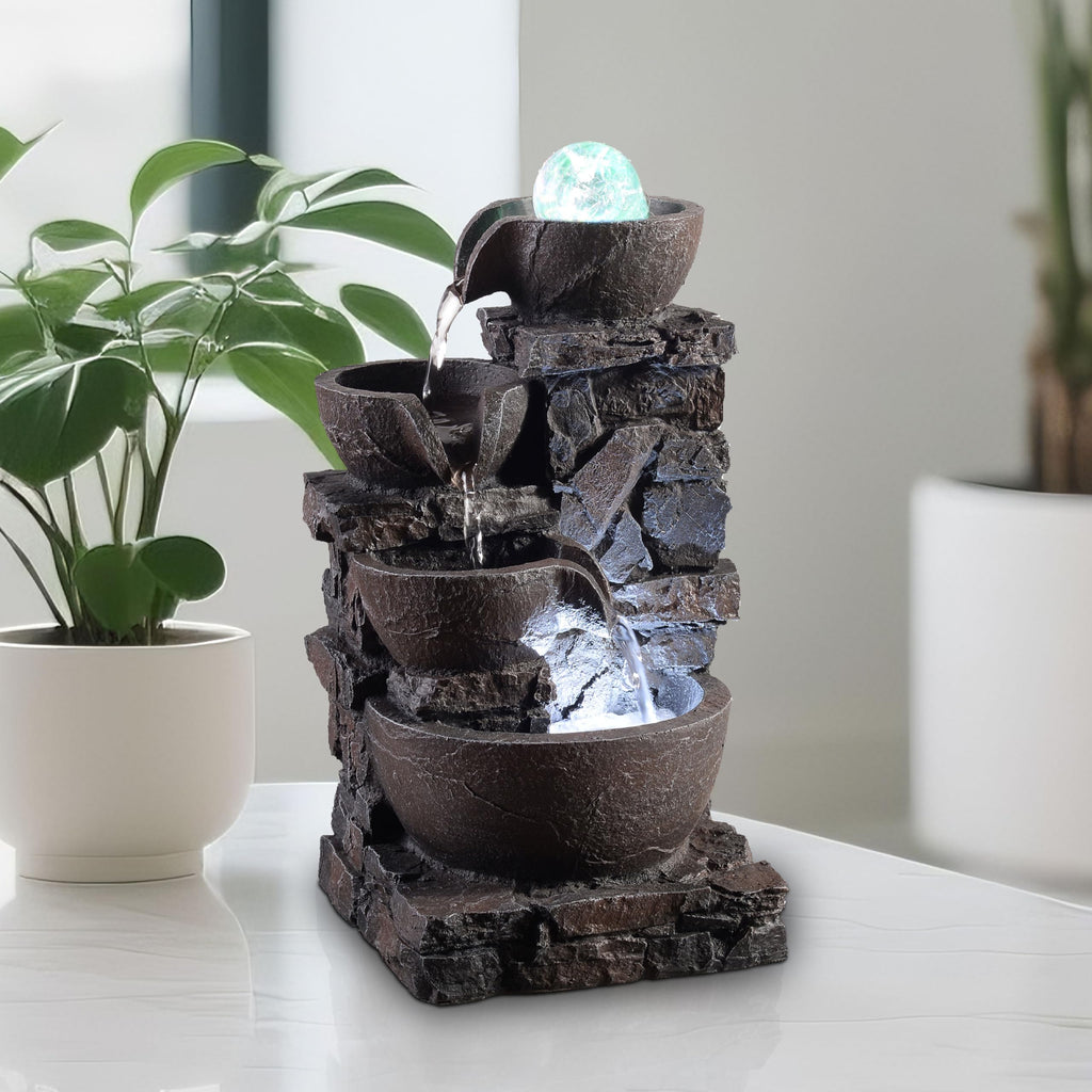 Tabletop Indoor Water Fountain – 3-Tier Rock Waterfall Fountain with Warm LED Light and DIY Planting Pot – Relaxing Small Water Feature for Desk or Home Decor (23061)