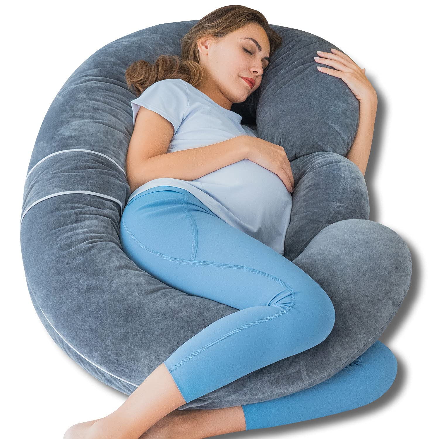 QUEEN ROSE Cooling Pregnancy Pillows, E Shaped Maternity Pillow for Sleeping, with Extra Wedge Pillow for Belly Support, 60 Inch Full Body Pillow, Pink