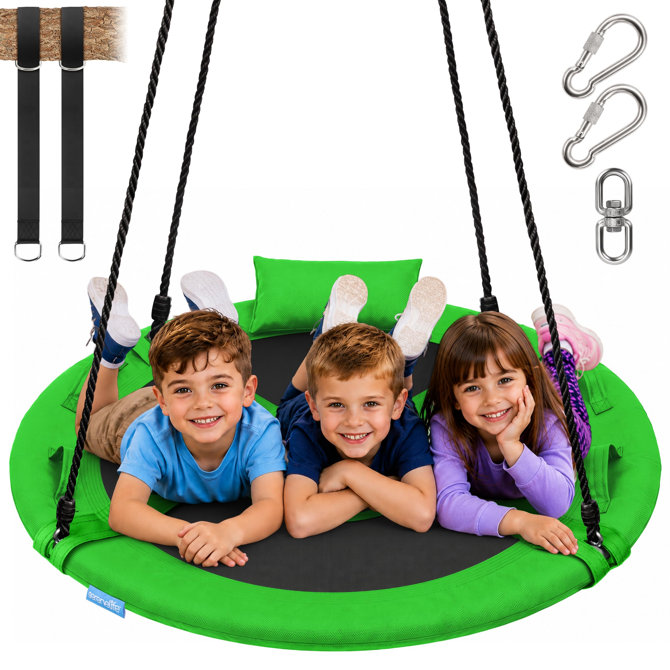 SereneLife Saucer Swing, Tree Swing, 40 Inch, 900lb Heavy Duty Capacity for Kids, 900D Oxford Waterproof Seat, Adjustable Height Ropes, 2 Strap Tree Hang Kit, Center Swivel Spinner, Black