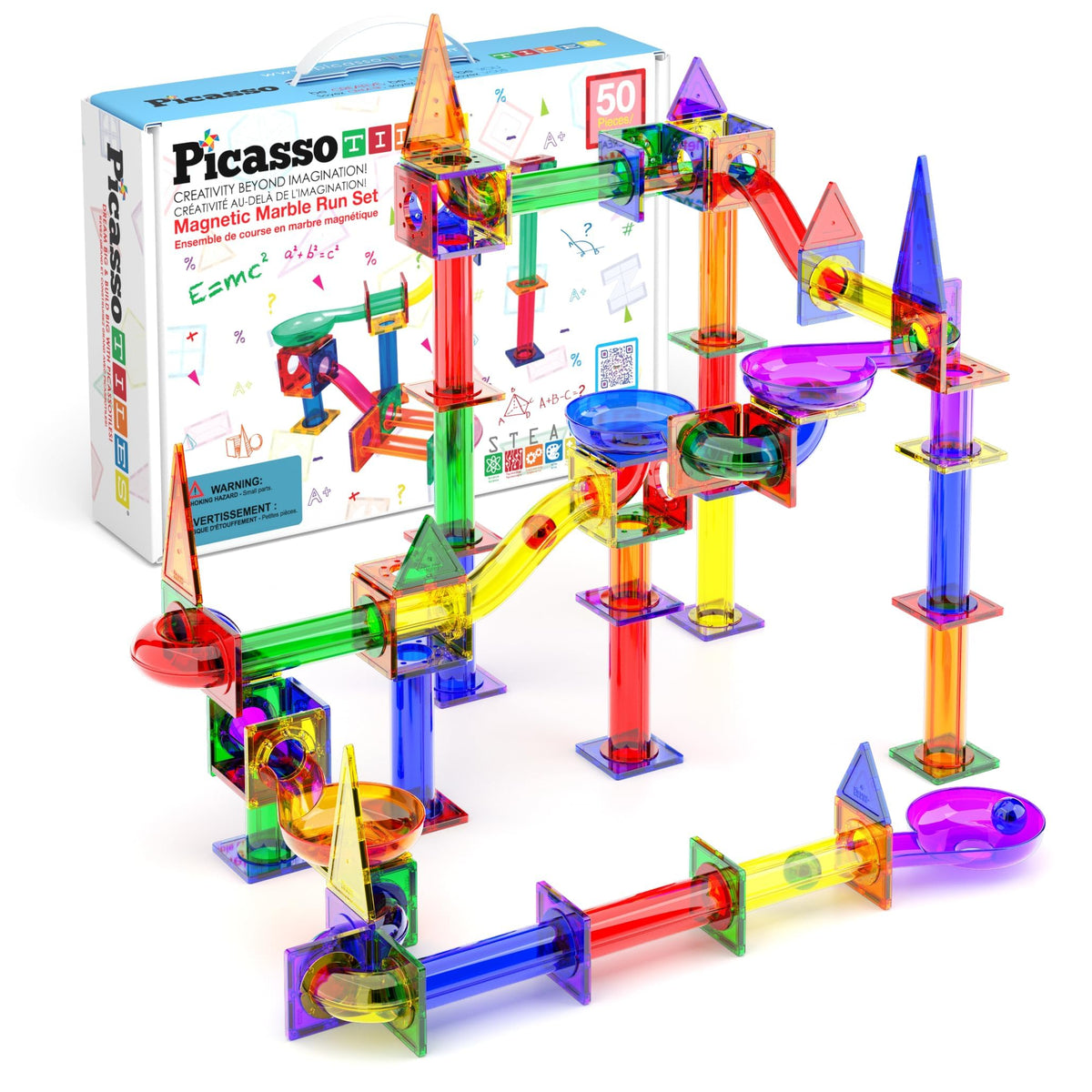 PicassoTiles 100 Piece Marble Run Magnetic Tiles Race Track STEM Ages 3+ | BPA-free ABS plastic, reinforced edges, curved slopes and U-turns, steel balls included, open-ended maze layouts, shared play