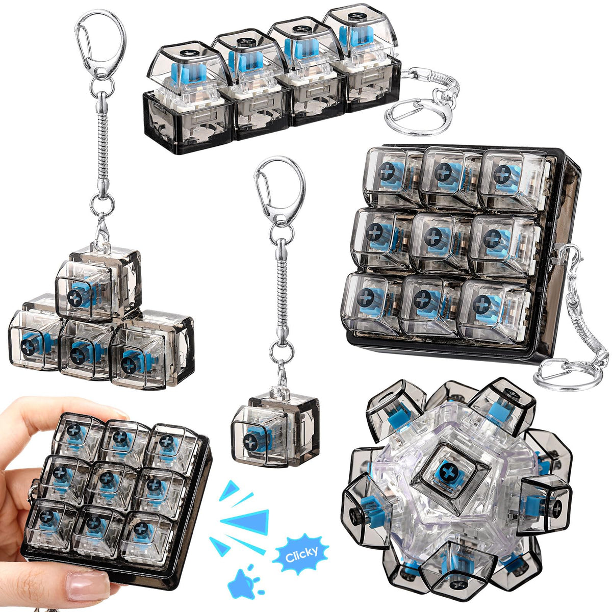 Halloscume 5 Pcs Keyboard Fidget Clicker Keychains in 5 Styles, Back to School Gift Fidget Mechanical Button Clicker Stress Relief Gift for First Day of School Office Home(Blue Purple)