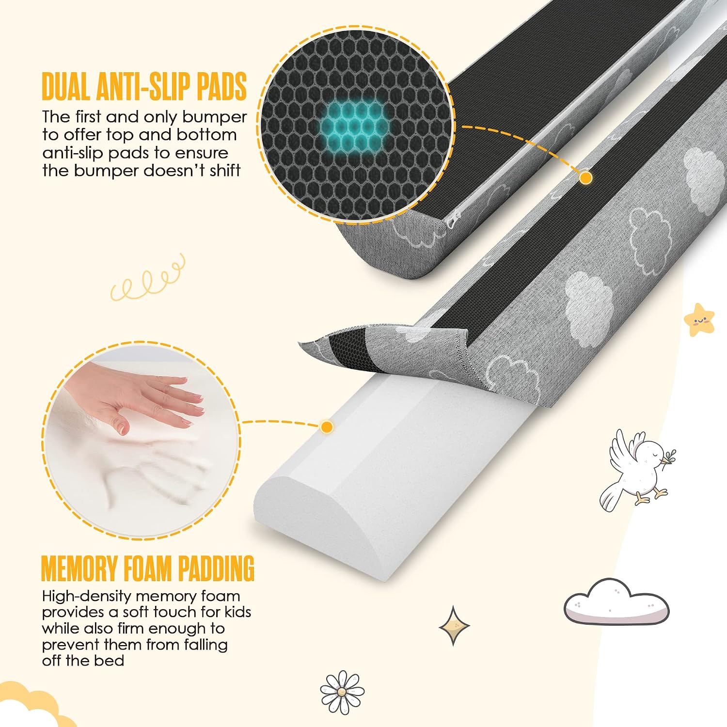 Sleepah Bed Bumpers for Toddlers - Memory Foam Guard Rail Pads for Kids Bed | Soft Removable Washable & Waterproof Cover – Dual Sided Non-Slip Noodle Long Pillow for King Queen Full Twin Beds (1 Pack)