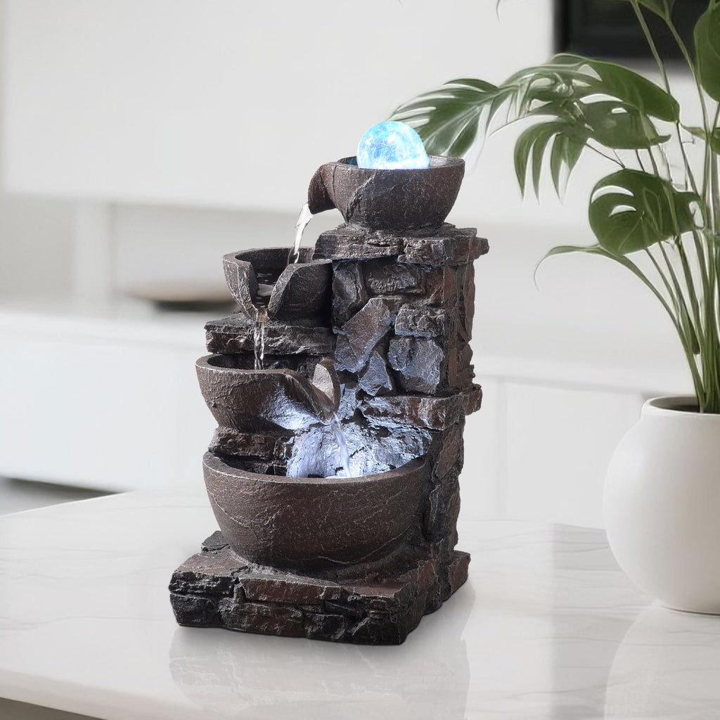 Tabletop Indoor Water Fountain – 3-Tier Rock Waterfall Fountain with Warm LED Light and DIY Planting Pot – Relaxing Small Water Feature for Desk or Home Decor (23061)