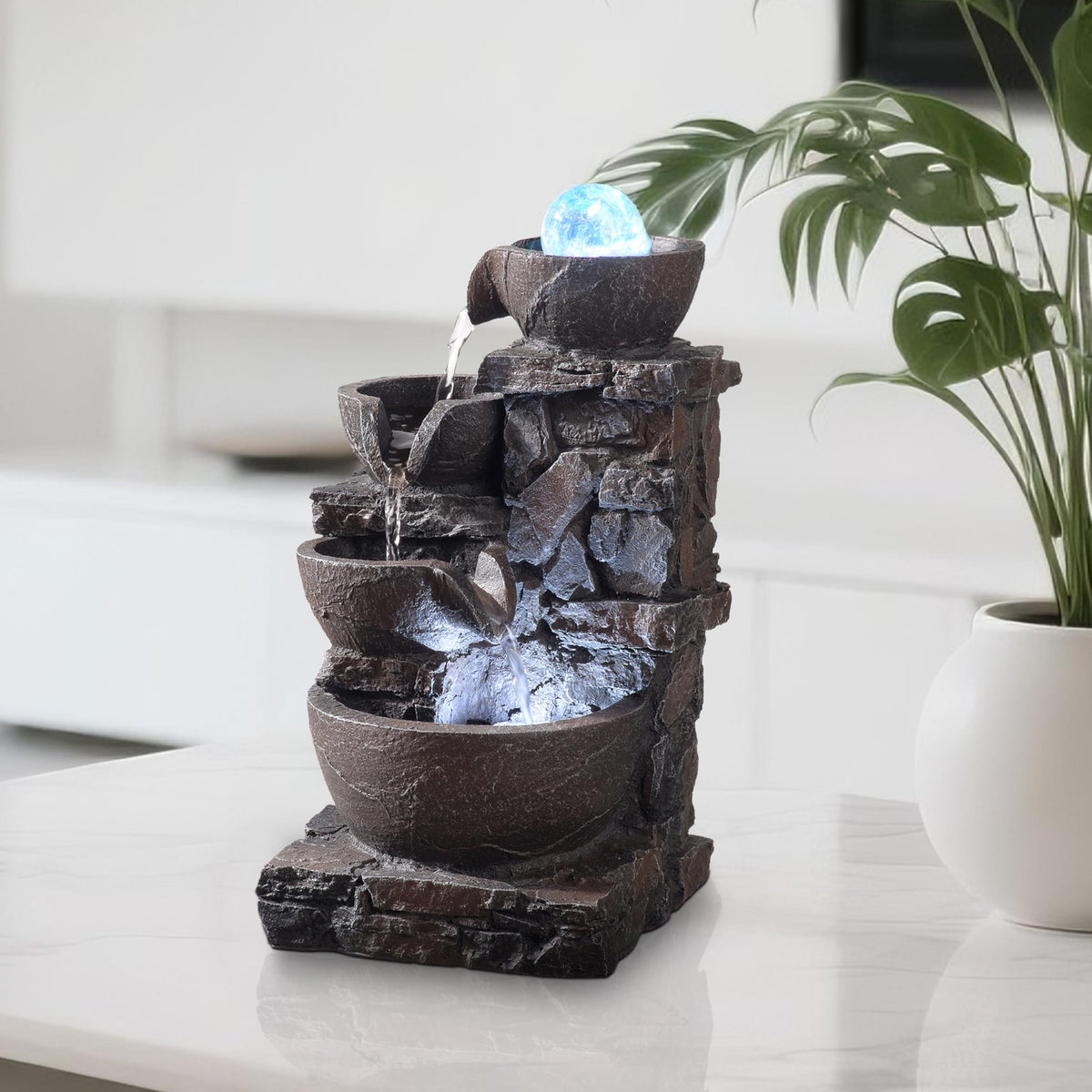 Tabletop Indoor Water Fountain – 3-Tier Rock Waterfall Fountain with Warm LED Light and DIY Planting Pot – Relaxing Small Water Feature for Desk or Home Decor (23061)