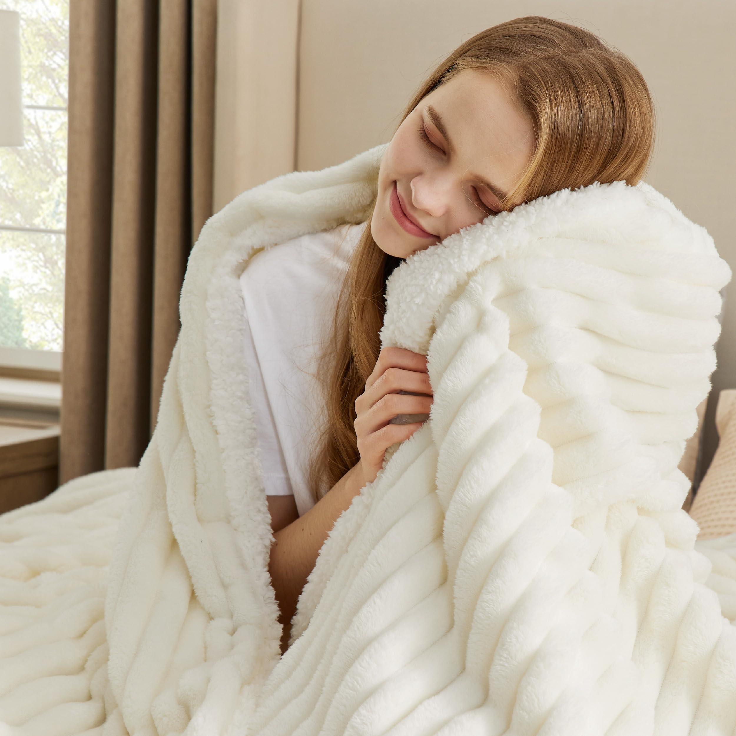 Bedsure Sherpa Throw Blanket for Couch - Super Soft, Comfort Cozy Fleece Thick Warm Blanket for Women, GentleSoft Plush & Fluffy Spring Throw Gift for Women, Room Decor, Beige, 50x60 Inches