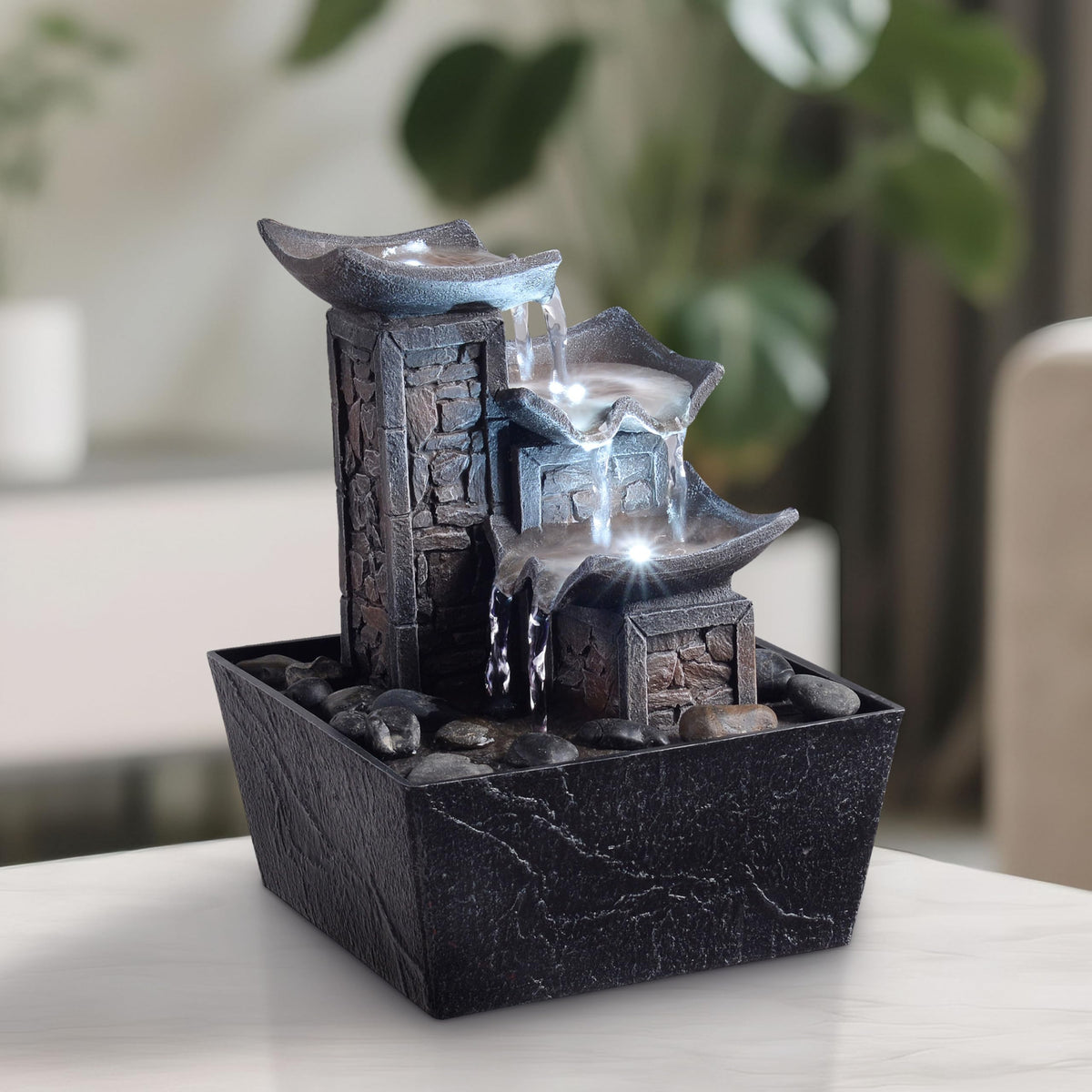 Tabletop Indoor Water Fountain – 3-Tier Rock Waterfall Fountain with Warm LED Light and DIY Planting Pot – Relaxing Small Water Feature for Desk or Home Decor (23061)