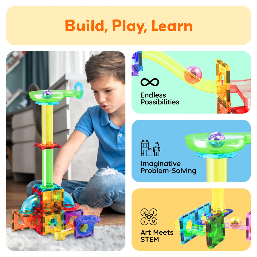 PicassoTiles 100 Piece Marble Run Magnetic Tiles Race Track STEM Ages 3+ | BPA-free ABS plastic, reinforced edges, curved slopes and U-turns, steel balls included, open-ended maze layouts, shared play