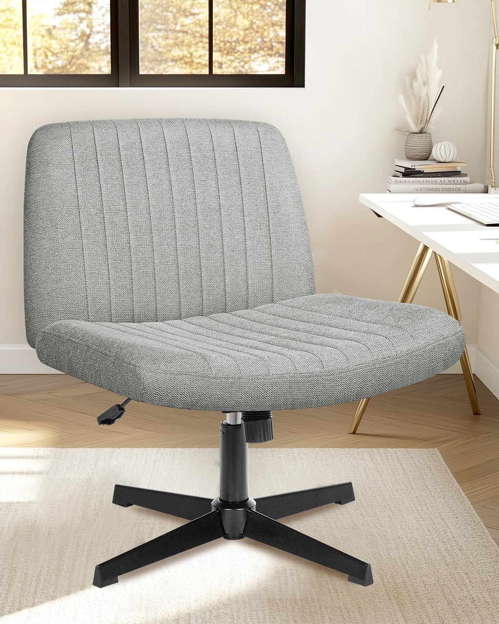 NEO CHAIR Criss Cross Chair with Wheels Home Office Cross Legged Armless Chairs Adjustable Computer Desk Wide Seat for Bedroom Vanity Comfy Swivel (Teddy White)