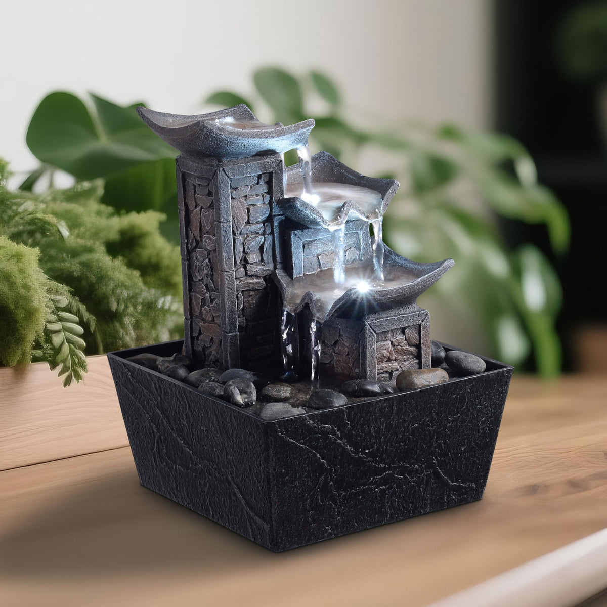 Tabletop Indoor Water Fountain – 3-Tier Rock Waterfall Fountain with Warm LED Light and DIY Planting Pot – Relaxing Small Water Feature for Desk or Home Decor (23061)