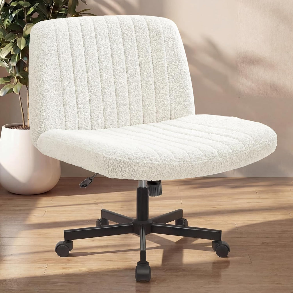 NEO CHAIR Criss Cross Chair with Wheels Home Office Cross Legged Armless Chairs Adjustable Computer Desk Wide Seat for Bedroom Vanity Comfy Swivel (Teddy White)