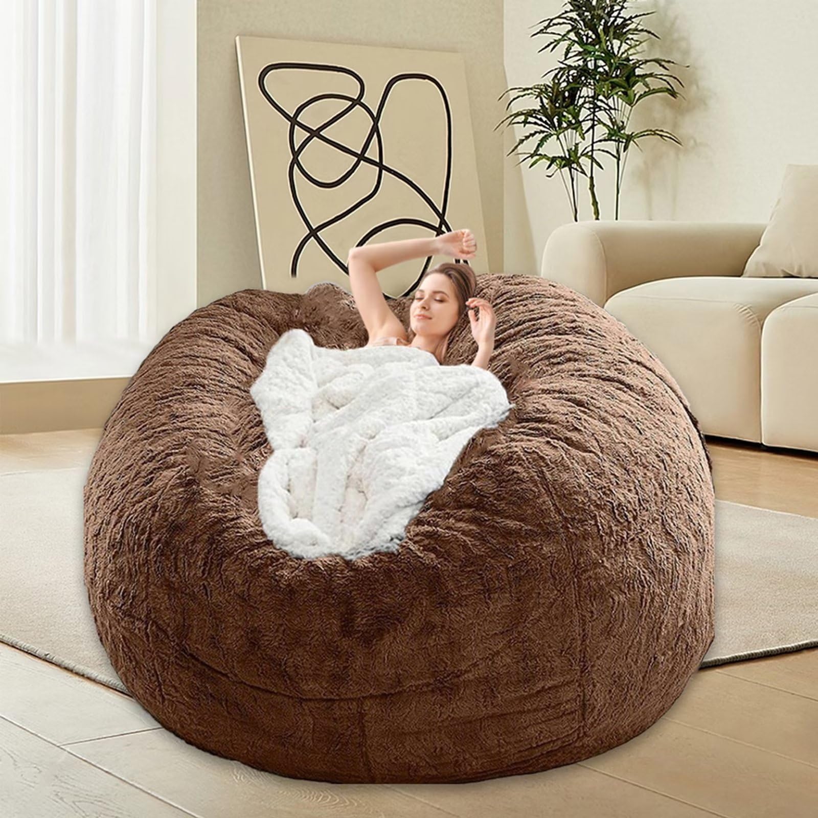 HDMLDP Bean Bag Chair for Adults Kids Without Filling Comfy Fluffy Giant Round Beanbag Lazy Sofa Cover for Reading Chair Floor Chair, 6FT, Grey