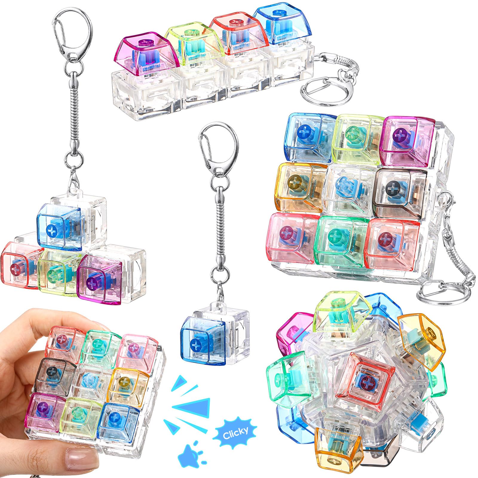 Halloscume 5 Pcs Keyboard Fidget Clicker Keychains in 5 Styles, Back to School Gift Fidget Mechanical Button Clicker Stress Relief Gift for First Day of School Office Home(Blue Purple)