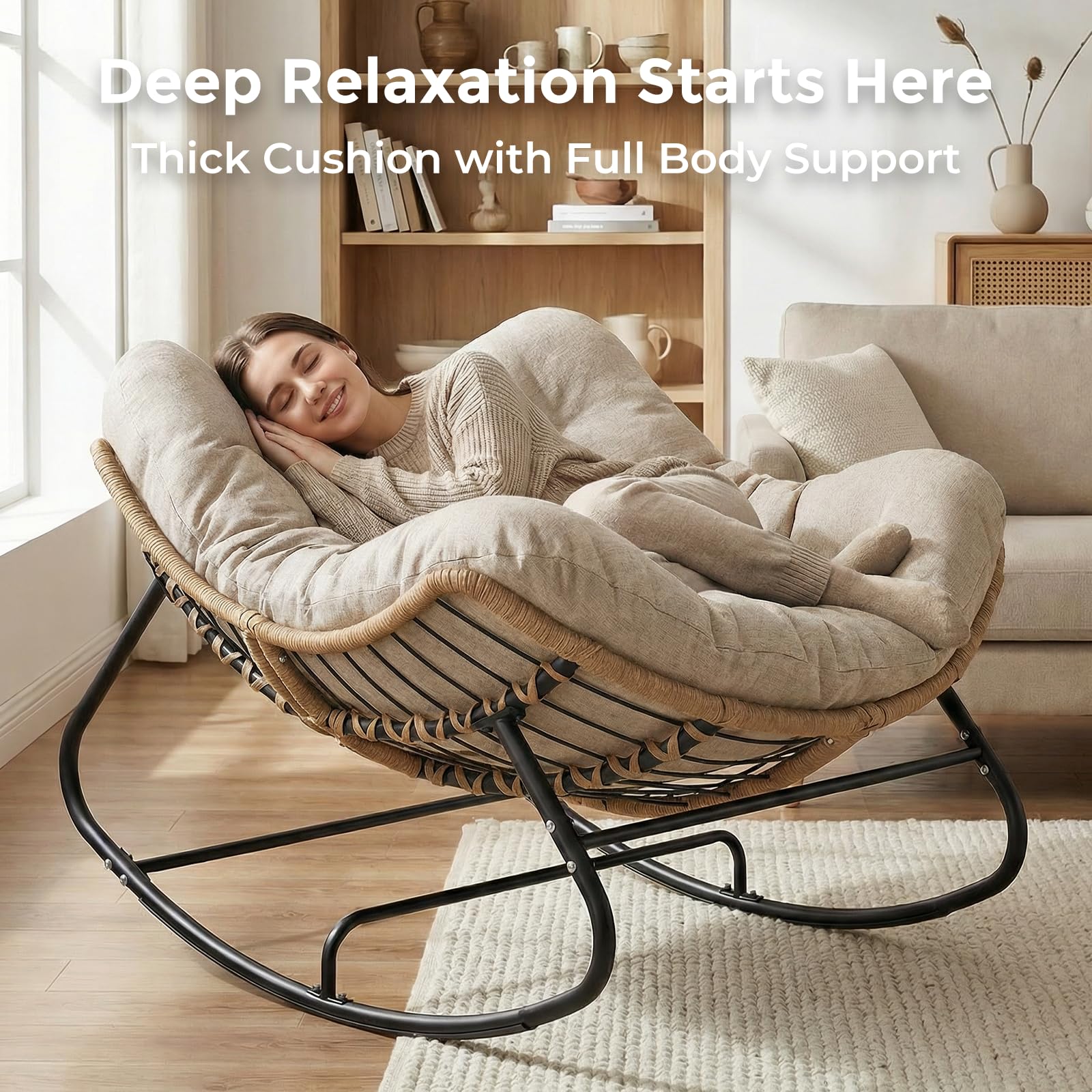 SWITTE Papasan Rocking Chair Outdoor, Oversized Patio Egg Chair with Thick Cushion, Indoor Wicker Lounge Rocker Bed for Balcony, Porch, Garden, Dark Gray