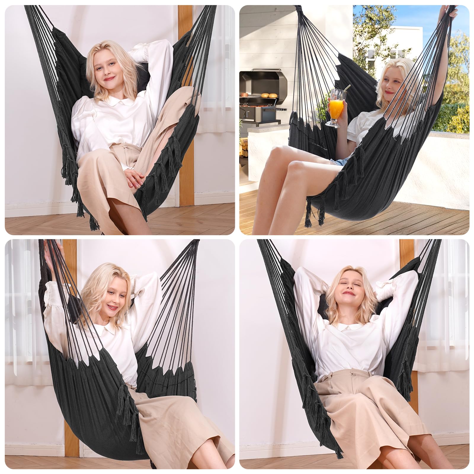 Y- STOP Hammock Chair Hanging Rope Swing Chair, Max 500 Lbs, 2 Seat Cushions Included, Removable Steel Spreader Bar with Anti-Slip Rings, Hardware kit-for Indoor Outdoor(Dark Grey)
