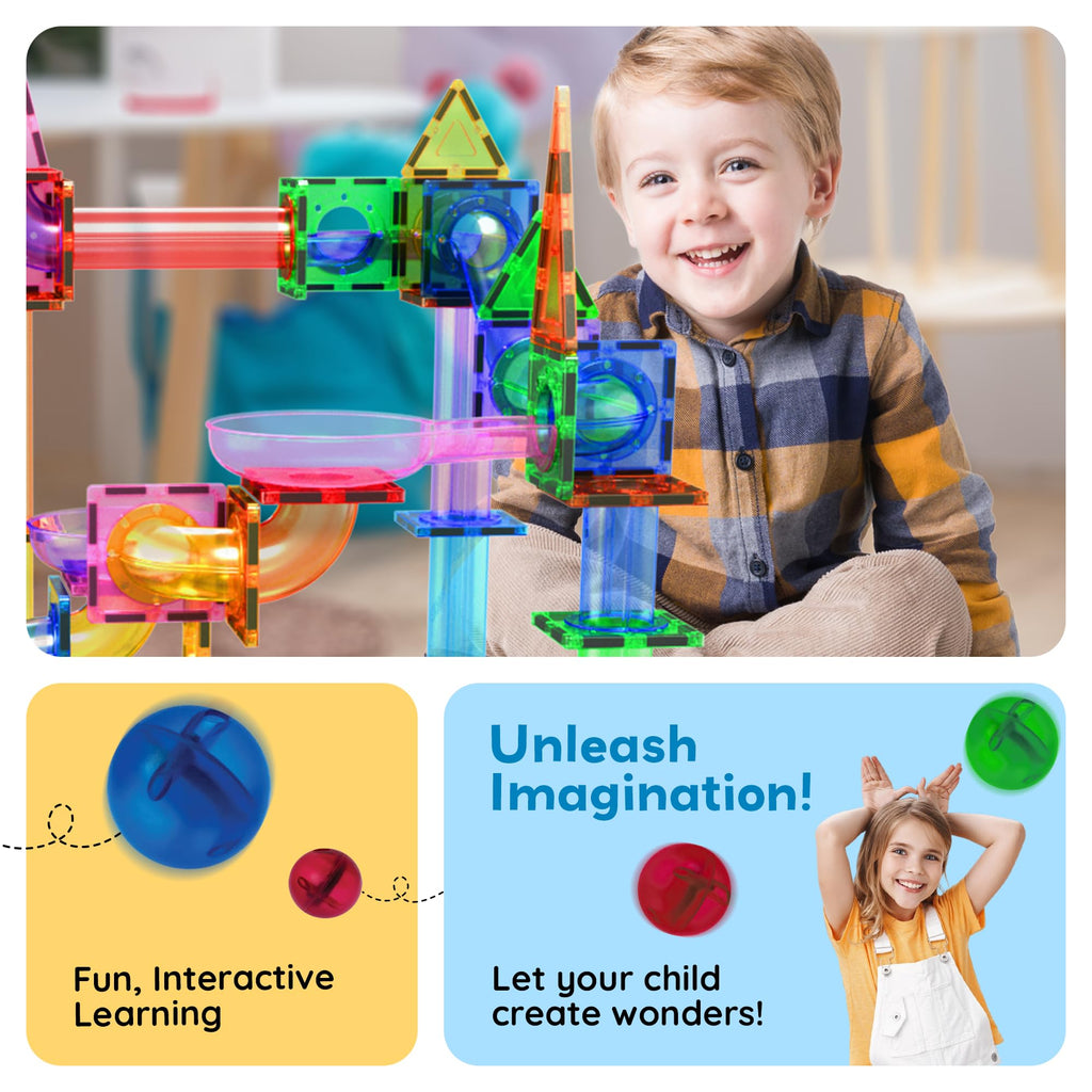 PicassoTiles 100 Piece Marble Run Magnetic Tiles Race Track STEM Ages 3+ | BPA-free ABS plastic, reinforced edges, curved slopes and U-turns, steel balls included, open-ended maze layouts, shared play
