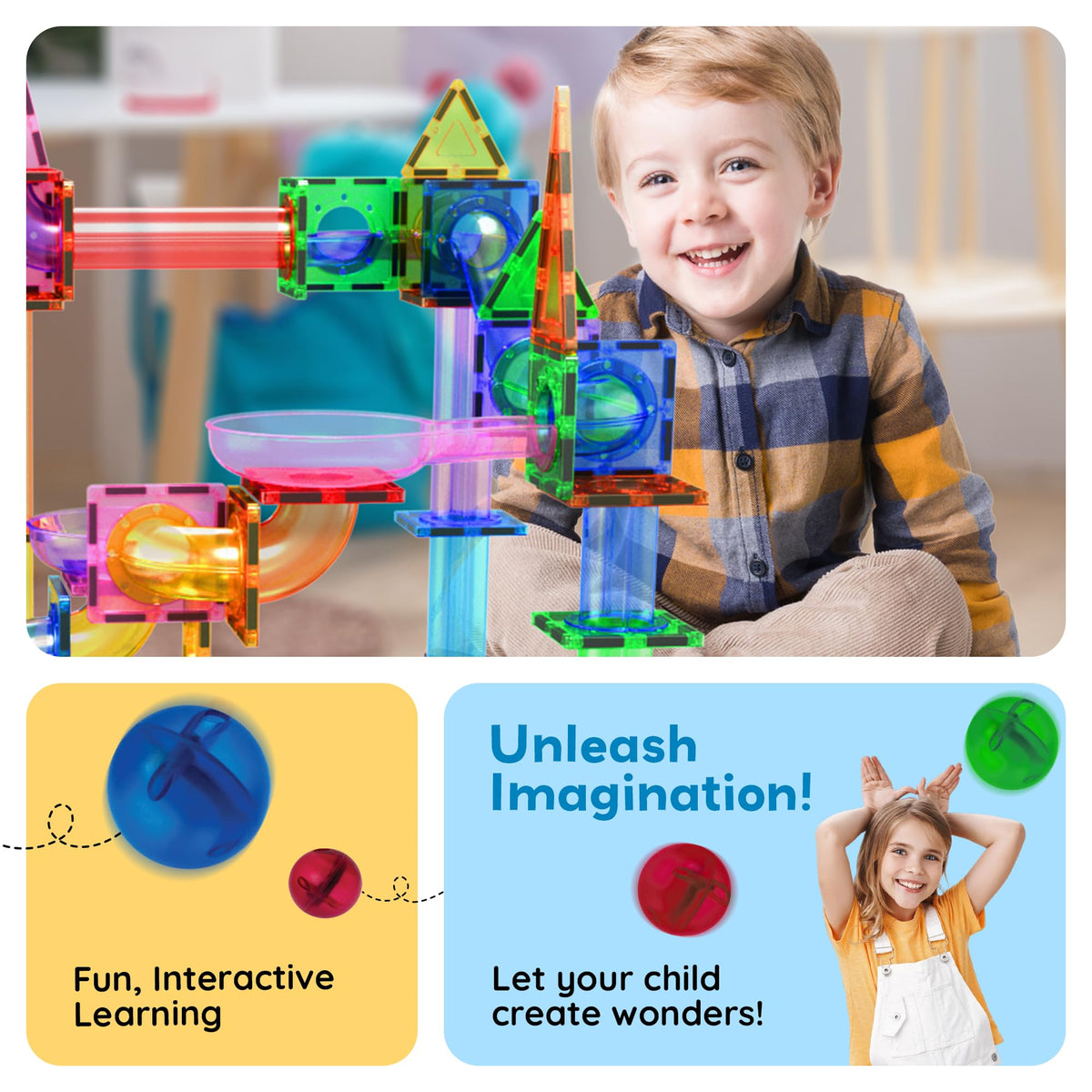 PicassoTiles 100 Piece Marble Run Magnetic Tiles Race Track STEM Ages 3+ | BPA-free ABS plastic, reinforced edges, curved slopes and U-turns, steel balls included, open-ended maze layouts, shared play