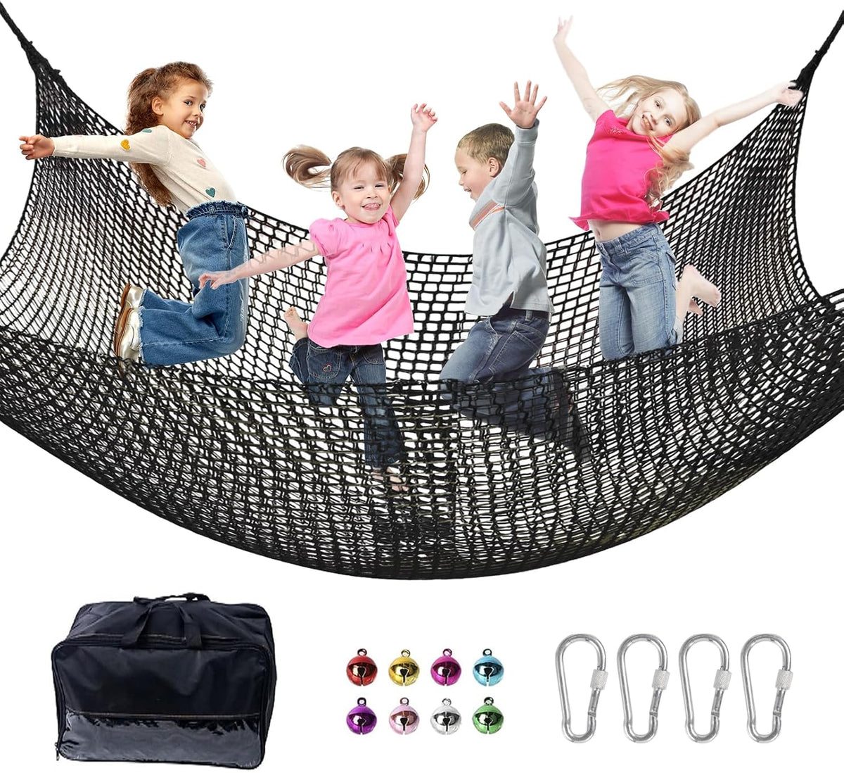 Climbing Net for Kids - 9.9FT x 9.9FT Double Layers Heavy Duty Playground Safety Net, Climbing Cargo Net for Tree House Tree Fort, Back Yard, Jungle Gyms, Monkey Bar Security Mesh（Black）