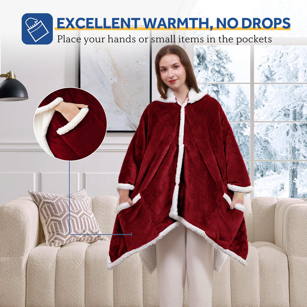 Sealy Heated Throw Wearable Shawl Wrap with Pockets, Reversible Flannel to Sherpa Electric Blanket Hoodie Poncho with 6 Heating Levels & 2-10 Hours Time Settings, 50 X 60 Inch, Pink