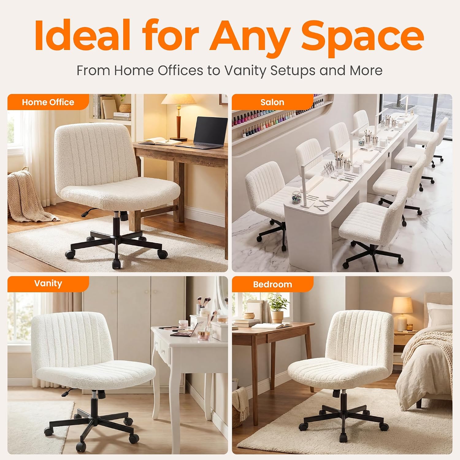 NEO CHAIR Criss Cross Chair with Wheels Home Office Cross Legged Armless Chairs Adjustable Computer Desk Wide Seat for Bedroom Vanity Comfy Swivel (Teddy White)