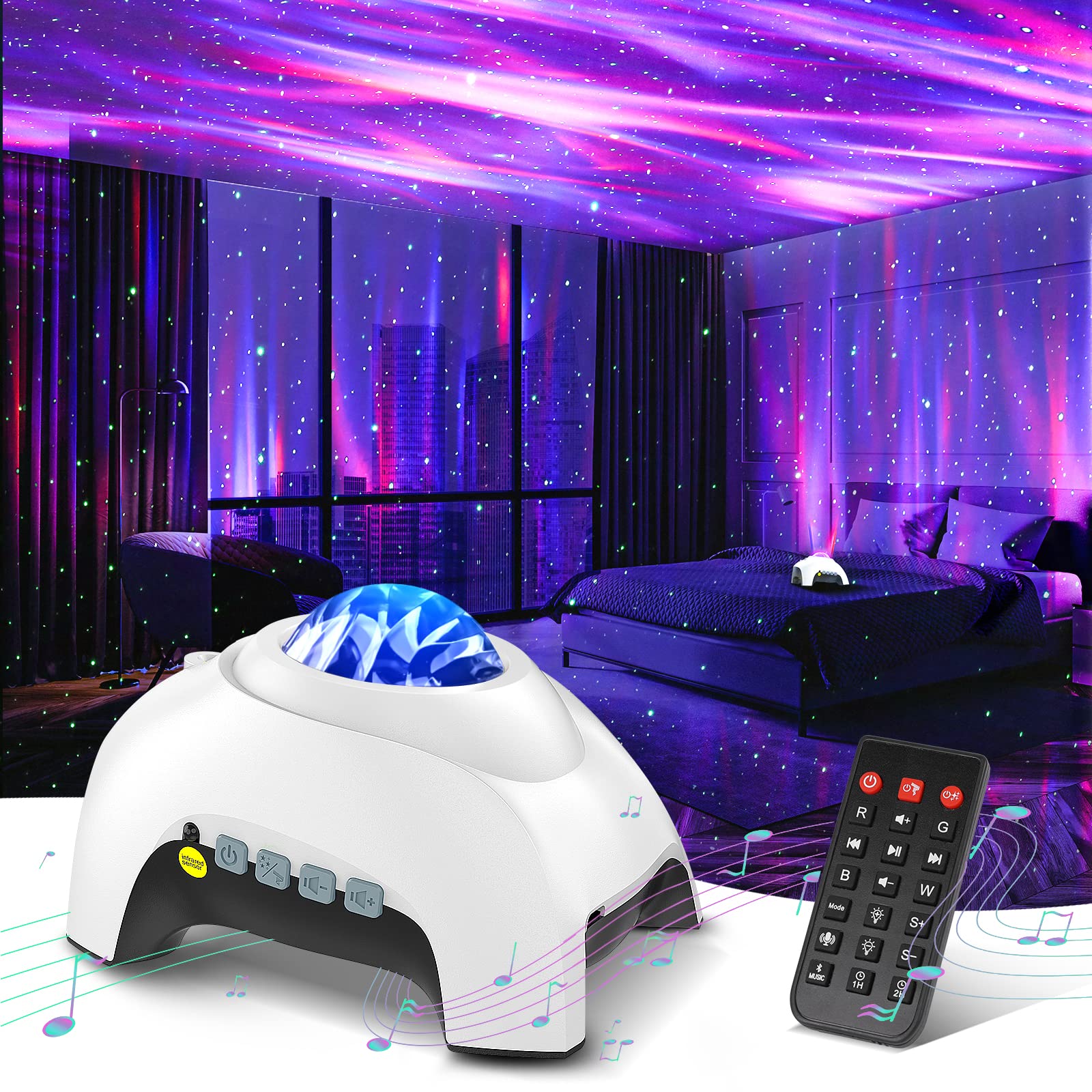 Northern Galaxy Light Aurora Projector with 33 Light Effects, Night Lights LED Star Projector for Bedroom Nebula Lamp, Remote Control, White Noises, Bluetooth Speaker for Parties Black
