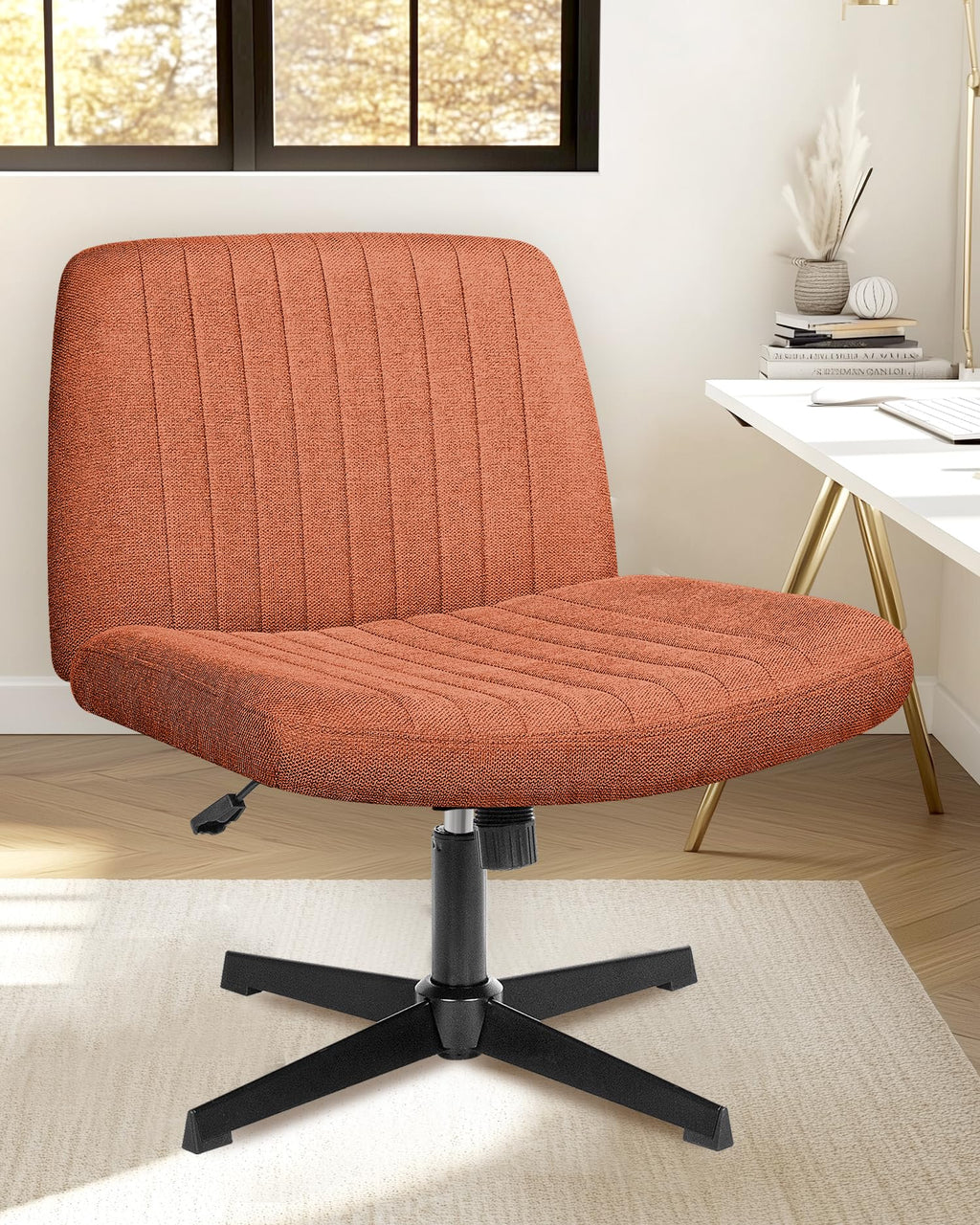 NEO CHAIR Criss Cross Chair with Wheels Home Office Cross Legged Armless Chairs Adjustable Computer Desk Wide Seat for Bedroom Vanity Comfy Swivel (Teddy White)