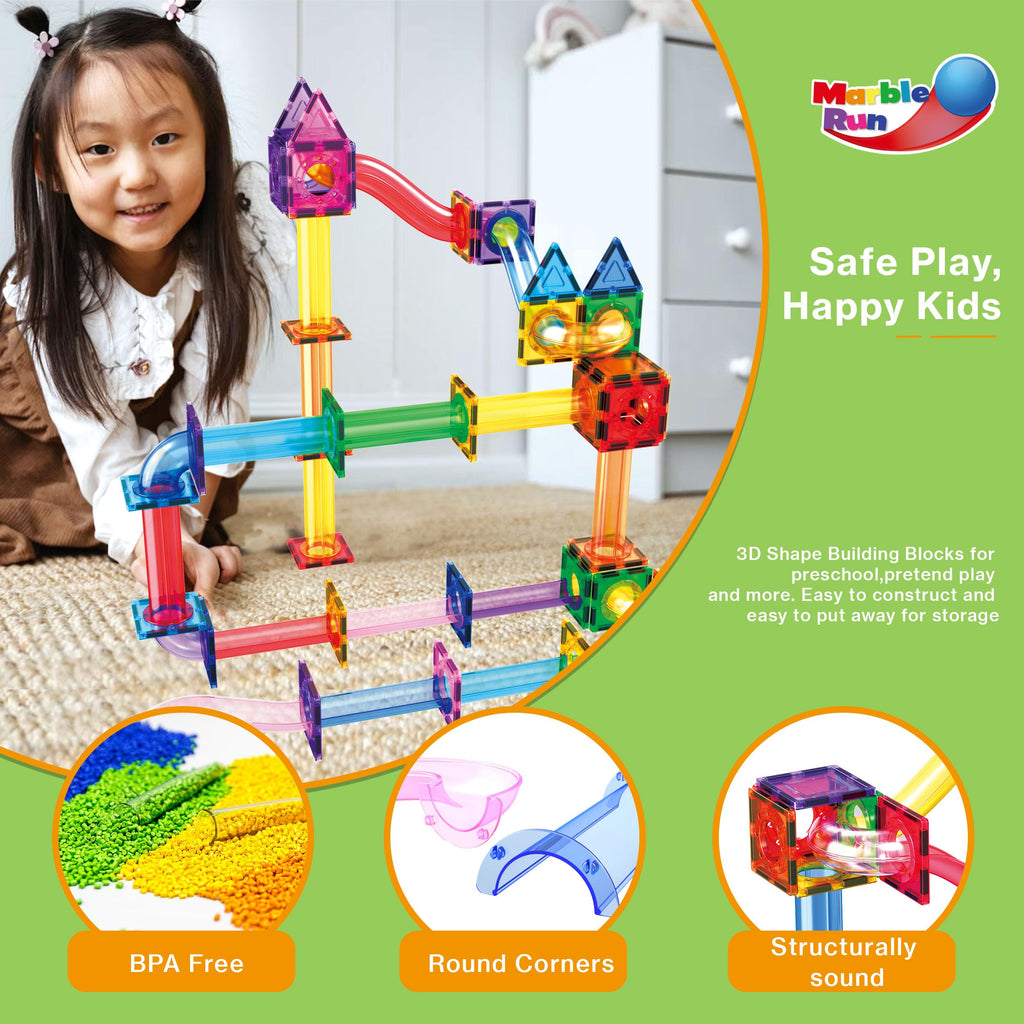 PicassoTiles 100 Piece Marble Run Magnetic Tiles Race Track STEM Ages 3+ | BPA-free ABS plastic, reinforced edges, curved slopes and U-turns, steel balls included, open-ended maze layouts, shared play