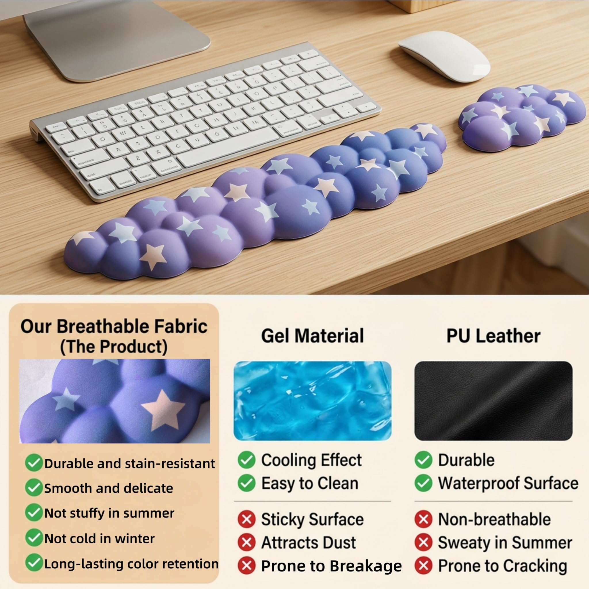 Silky Cloud Wrist Rest Set for Keyboard & Mouse, 16.9", Purple Star | Memory Foam Arm Rest with Ergonomic Support Fits Full Keyboards and Reduces Typing Fatigue for Office, Gaming and Home Use