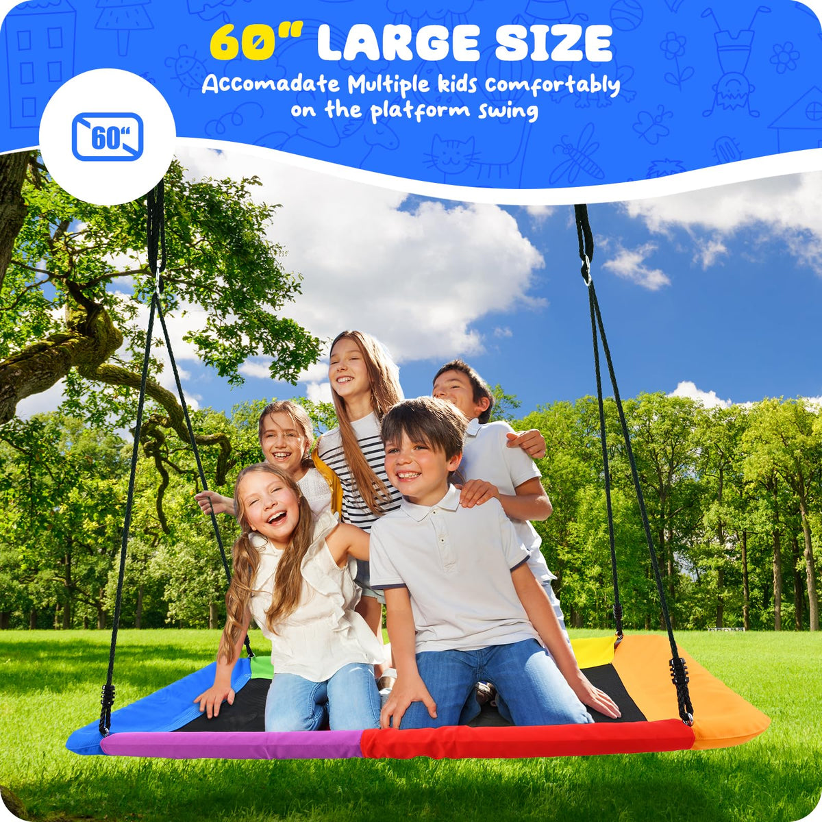 Trekassy 60" Extra Large Rectangle Tree Swing - Heavy Duty 700lb Capacity, Waterproof Platform for Kids & Adults with Complete Installation Kit & 2 Tree Straps (Beige)