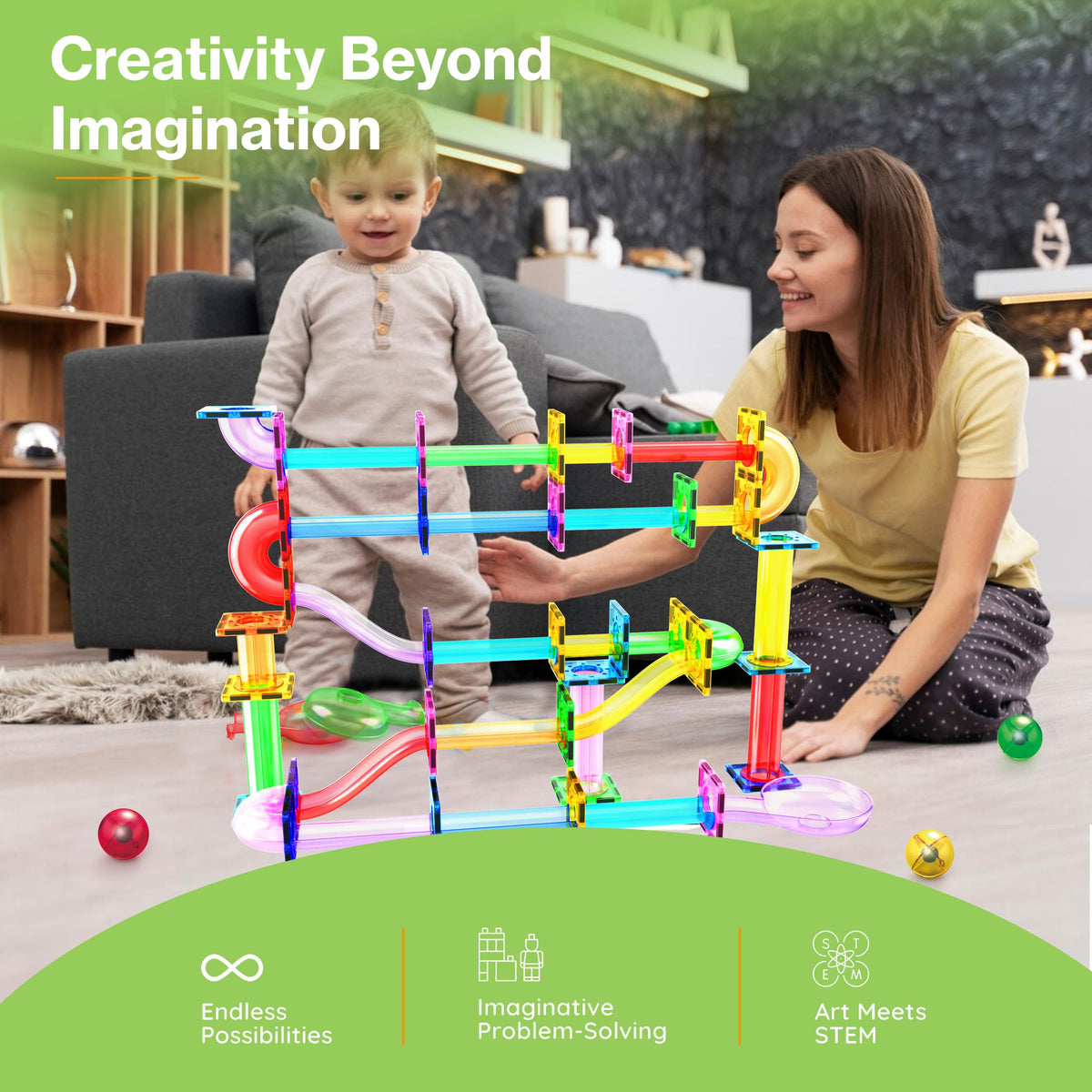PicassoTiles 100 Piece Marble Run Magnetic Tiles Race Track STEM Ages 3+ | BPA-free ABS plastic, reinforced edges, curved slopes and U-turns, steel balls included, open-ended maze layouts, shared play