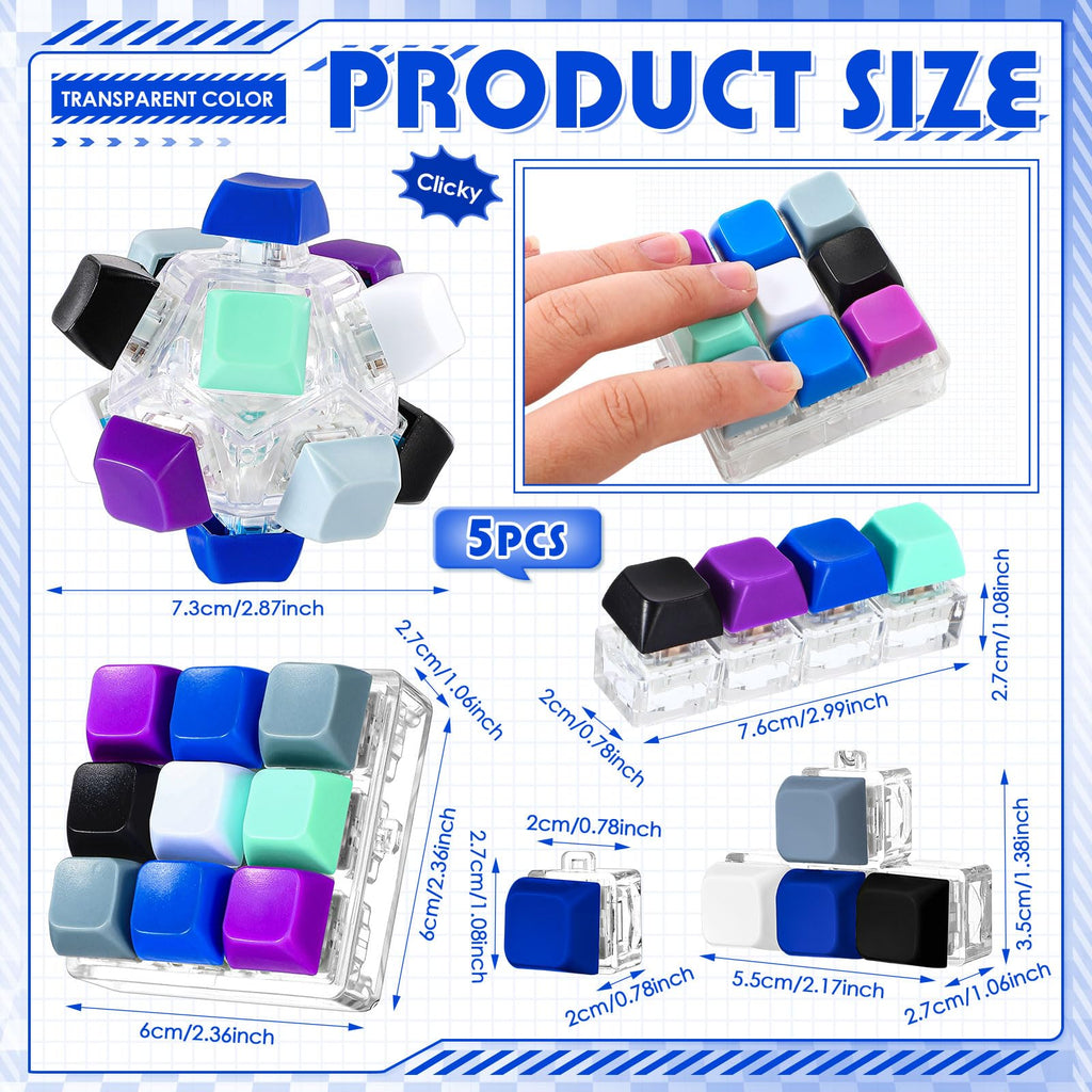 Halloscume 5 Pcs Keyboard Fidget Clicker Keychains in 5 Styles, Back to School Gift Fidget Mechanical Button Clicker Stress Relief Gift for First Day of School Office Home(Blue Purple)