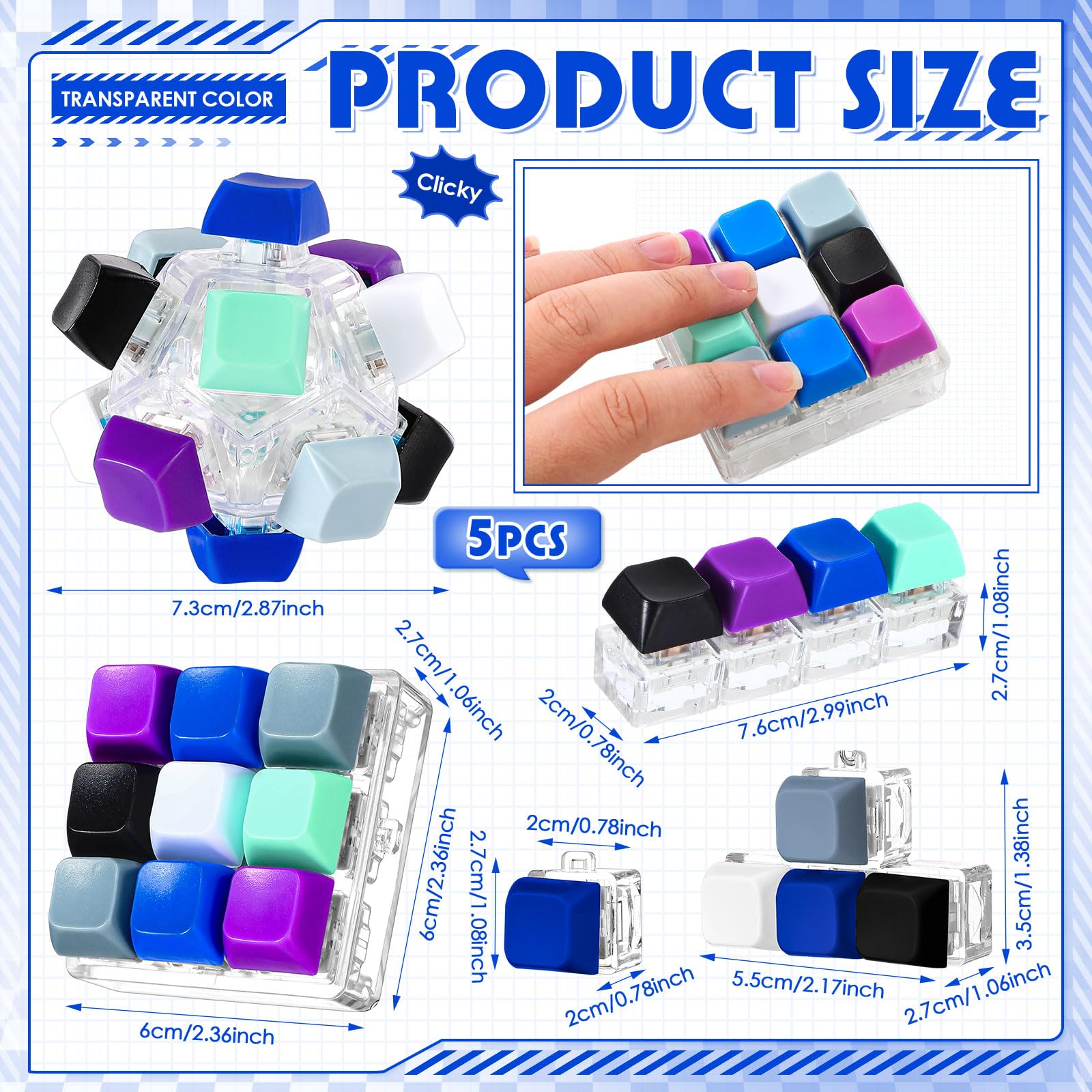 Halloscume 5 Pcs Keyboard Fidget Clicker Keychains in 5 Styles, Back to School Gift Fidget Mechanical Button Clicker Stress Relief Gift for First Day of School Office Home(Blue Purple)