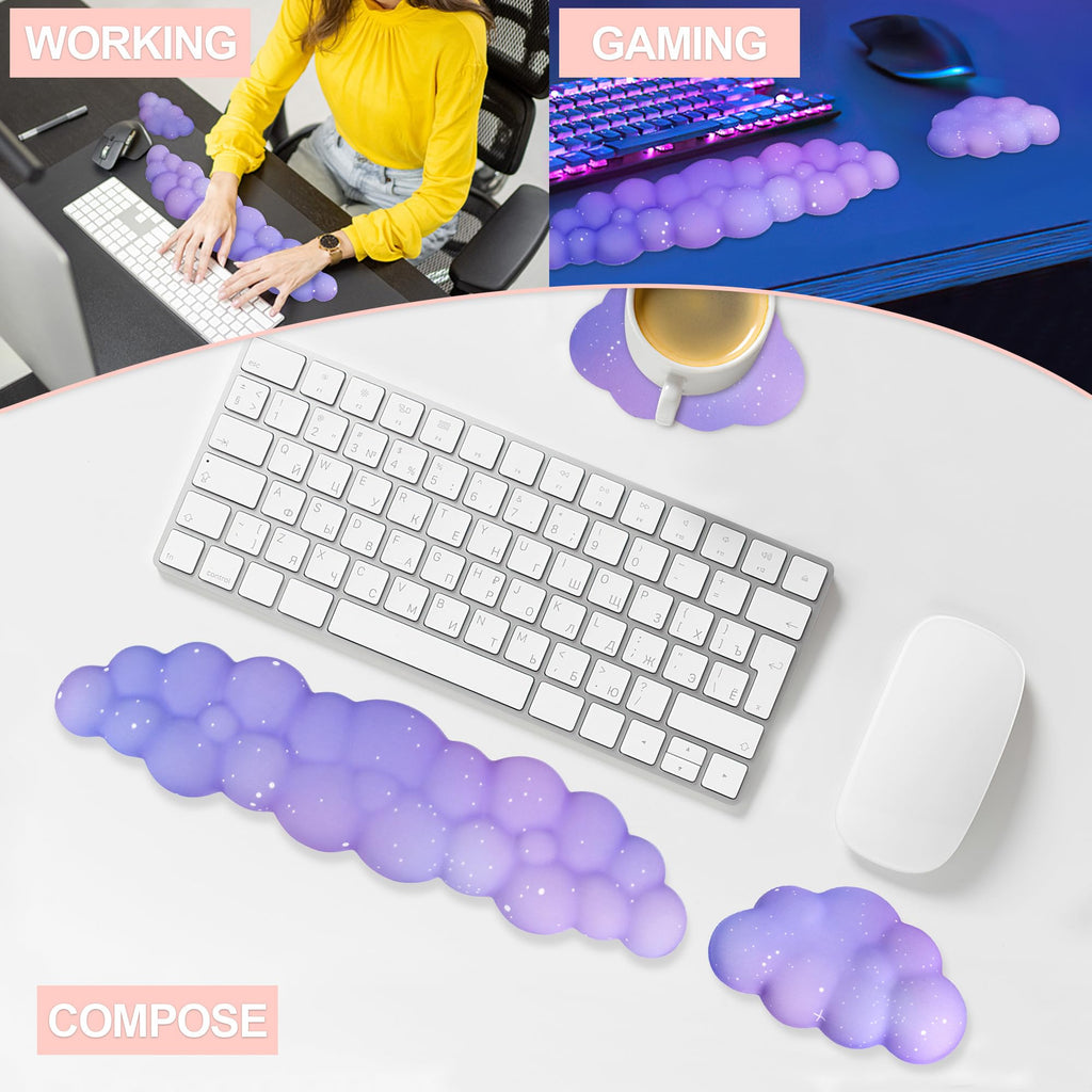 Silky Cloud Wrist Rest Set for Keyboard & Mouse, 16.9", Purple Star | Memory Foam Arm Rest with Ergonomic Support Fits Full Keyboards and Reduces Typing Fatigue for Office, Gaming and Home Use