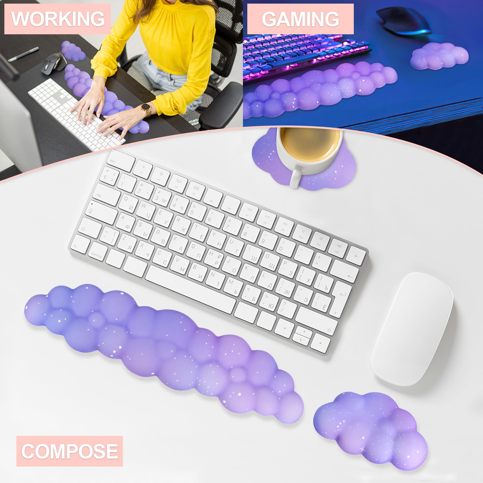 Silky Cloud Wrist Rest Set for Keyboard & Mouse, 16.9", Purple Star | Memory Foam Arm Rest with Ergonomic Support Fits Full Keyboards and Reduces Typing Fatigue for Office, Gaming and Home Use