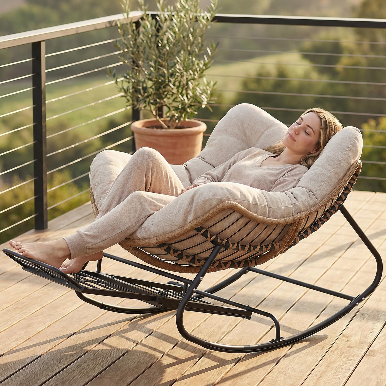 SWITTE Papasan Rocking Chair Outdoor, Oversized Patio Egg Chair with Thick Cushion, Indoor Wicker Lounge Rocker Bed for Balcony, Porch, Garden, Dark Gray