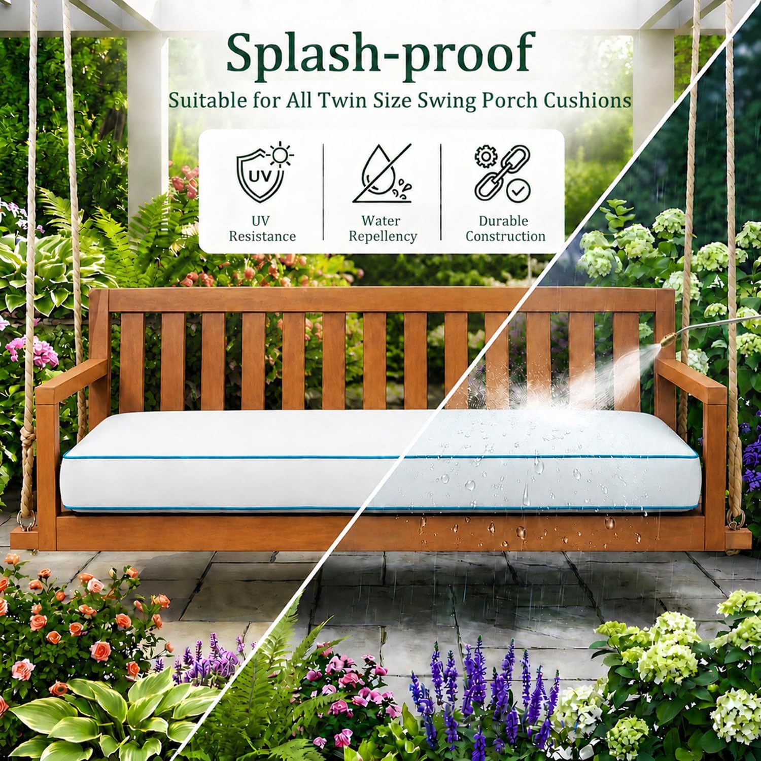 Twin Size Outdoor Daybed Swing Cushion Cover,Patio Porch Twin Mattress Bolster Pillow Fitted Sheet Cover Waterproof for Outdoor Hanging Porch Swing Bed (6, Dark Gray-White Piping)