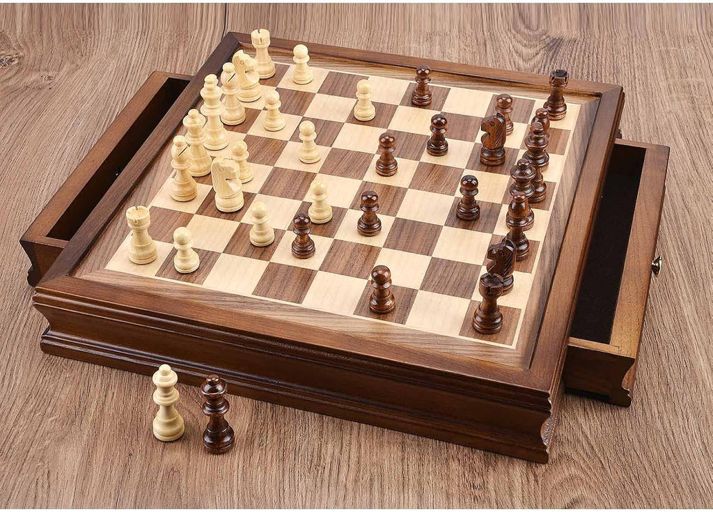 AMEROUS 12.8" x 12.8" Magnetic Wooden Chess Set with 2 Built-in Storage Drawers - 2 Bonus Extra Queens - Gift Packaging - Staunton Chess Pieces, Board Games Chess Sets for Adults and Kids