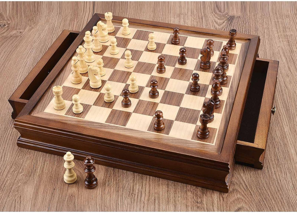 AMEROUS 12.8" x 12.8" Magnetic Wooden Chess Set with 2 Built-in Storage Drawers - 2 Bonus Extra Queens - Gift Packaging - Staunton Chess Pieces, Board Games Chess Sets for Adults and Kids