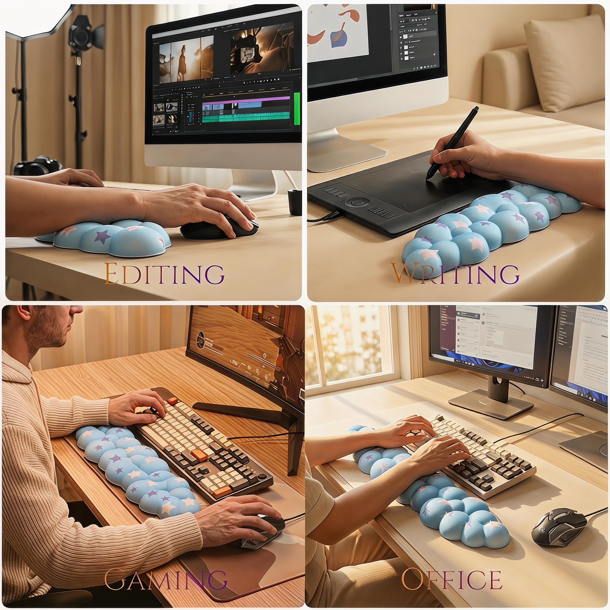 Silky Cloud Wrist Rest Set for Keyboard & Mouse, 16.9", Purple Star | Memory Foam Arm Rest with Ergonomic Support Fits Full Keyboards and Reduces Typing Fatigue for Office, Gaming and Home Use