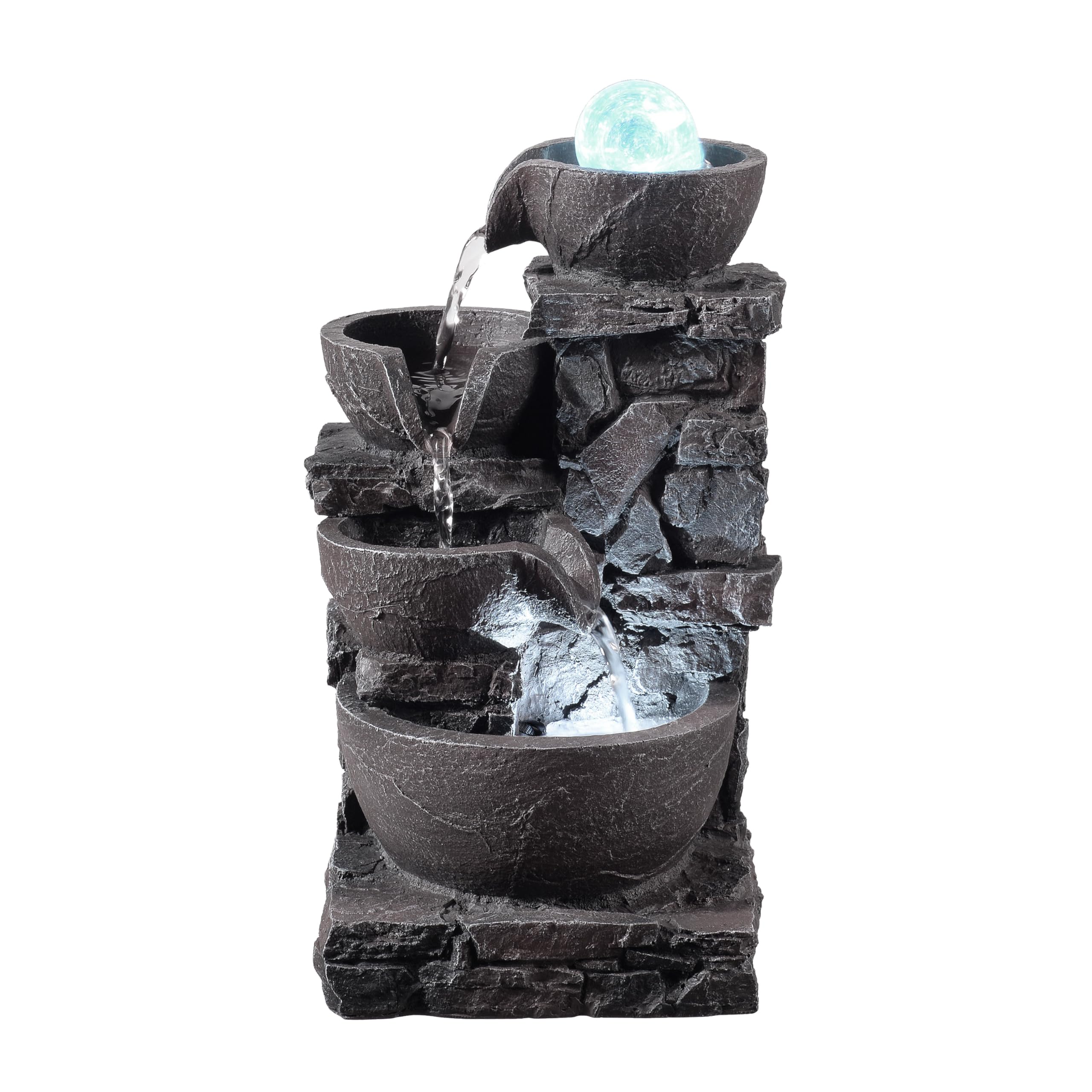 Tabletop Indoor Water Fountain – 3-Tier Rock Waterfall Fountain with Warm LED Light and DIY Planting Pot – Relaxing Small Water Feature for Desk or Home Decor (23061)