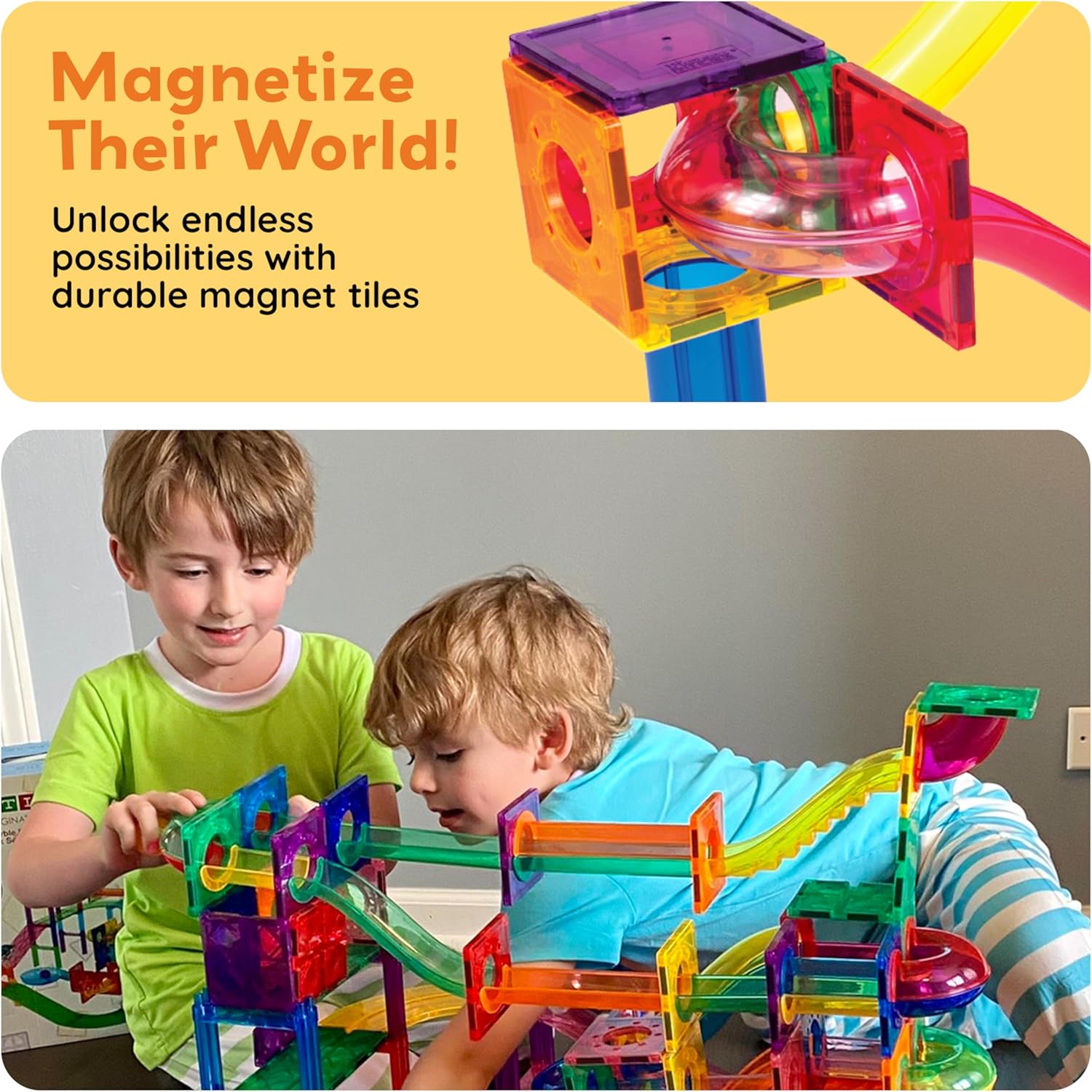 PicassoTiles 100 Piece Marble Run Magnetic Tiles Race Track STEM Ages 3+ | BPA-free ABS plastic, reinforced edges, curved slopes and U-turns, steel balls included, open-ended maze layouts, shared play