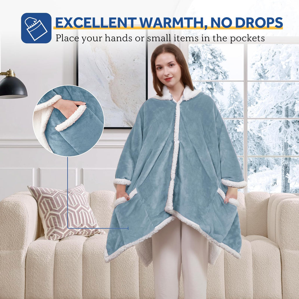 Sealy Heated Throw Wearable Shawl Wrap with Pockets, Reversible Flannel to Sherpa Electric Blanket Hoodie Poncho with 6 Heating Levels & 2-10 Hours Time Settings, 50 X 60 Inch, Pink