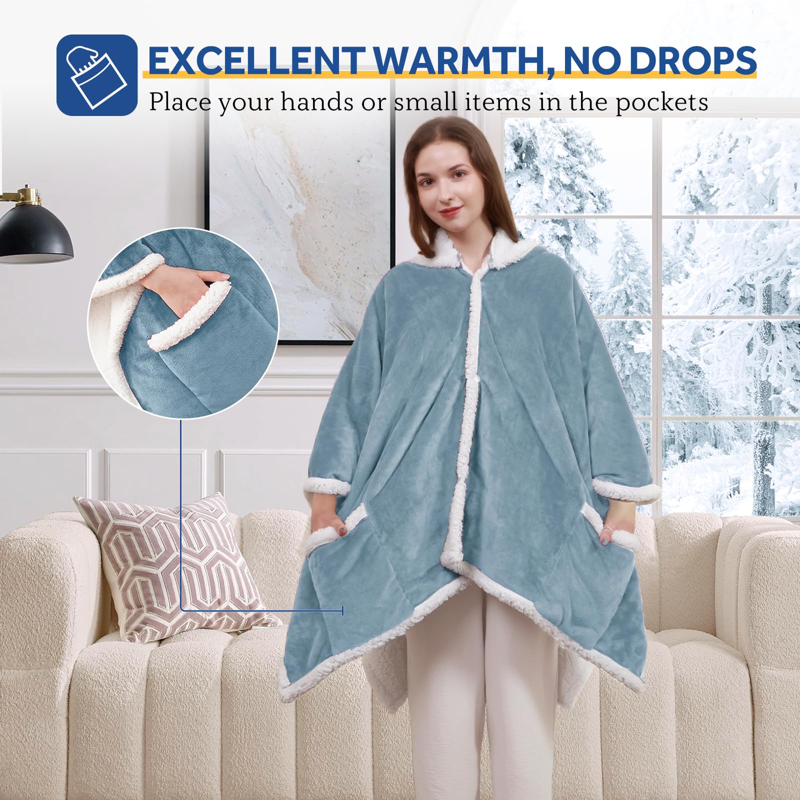Sealy Heated Throw Wearable Shawl Wrap with Pockets, Reversible Flannel to Sherpa Electric Blanket Hoodie Poncho with 6 Heating Levels & 2-10 Hours Time Settings, 50 X 60 Inch, Pink