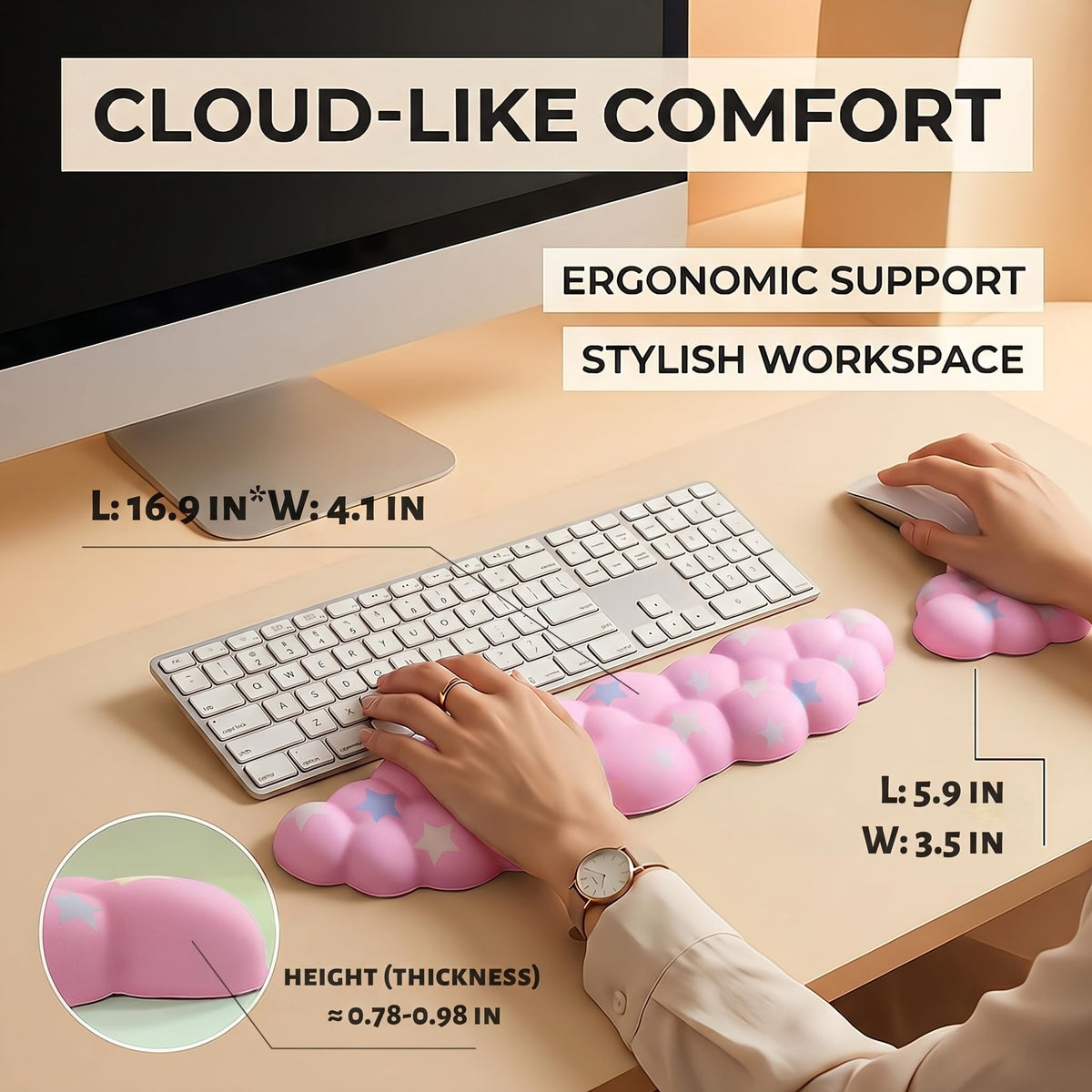 Silky Cloud Wrist Rest Set for Keyboard & Mouse, 16.9", Purple Star | Memory Foam Arm Rest with Ergonomic Support Fits Full Keyboards and Reduces Typing Fatigue for Office, Gaming and Home Use