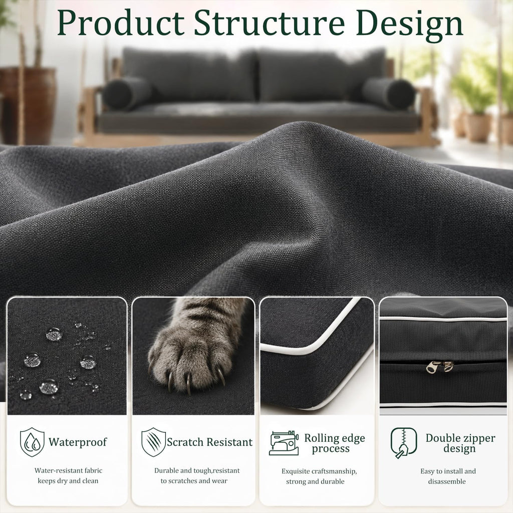 Twin Size Outdoor Daybed Swing Cushion Cover,Patio Porch Twin Mattress Bolster Pillow Fitted Sheet Cover Waterproof for Outdoor Hanging Porch Swing Bed (6, Dark Gray-White Piping)