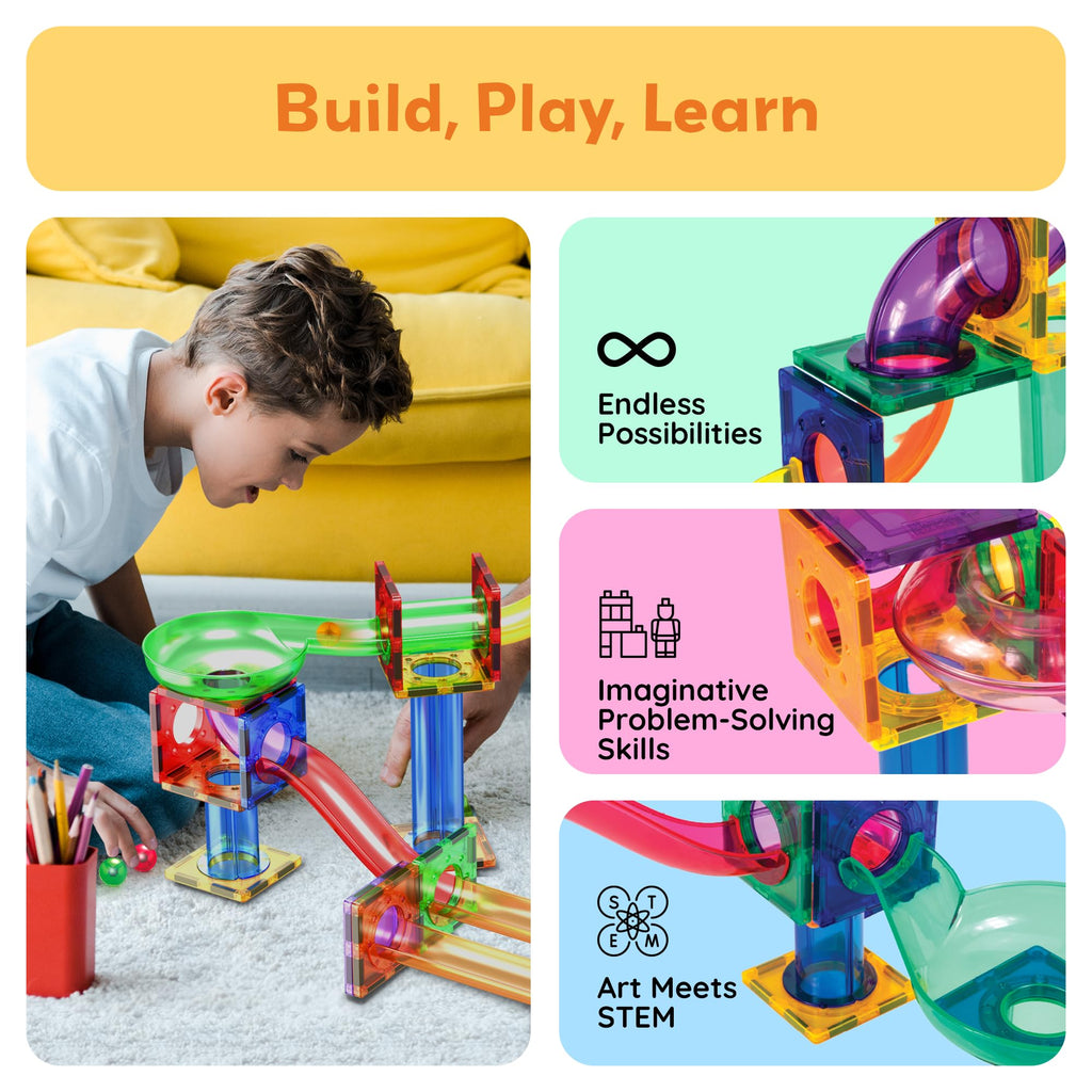 PicassoTiles 100 Piece Marble Run Magnetic Tiles Race Track STEM Ages 3+ | BPA-free ABS plastic, reinforced edges, curved slopes and U-turns, steel balls included, open-ended maze layouts, shared play