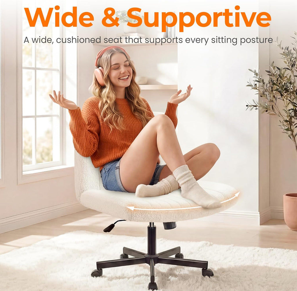 NEO CHAIR Criss Cross Chair with Wheels Home Office Cross Legged Armless Chairs Adjustable Computer Desk Wide Seat for Bedroom Vanity Comfy Swivel (Teddy White)