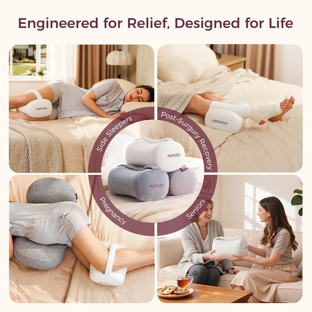 Momcozy Knee Pillow for Side Sleepers, Soft Memory Foam & Pinch-Free Design, Relieve Knee, Leg and Sciatica Pain, Adjustable Elastic Strap Ideal for Pregnant Women and Seniors, White