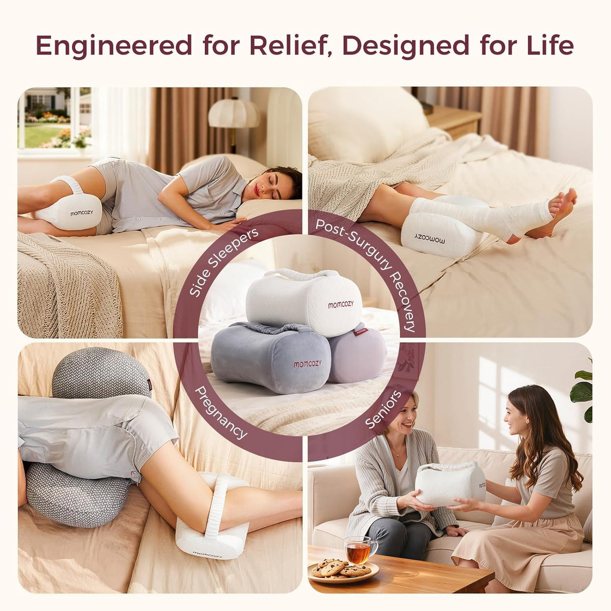 Momcozy Knee Pillow for Side Sleepers, Soft Memory Foam & Pinch-Free Design, Relieve Knee, Leg and Sciatica Pain, Adjustable Elastic Strap Ideal for Pregnant Women and Seniors, White